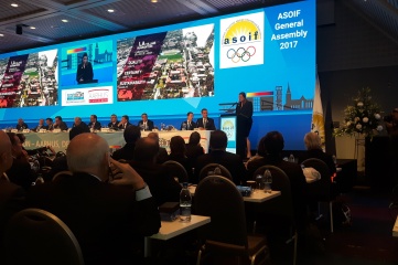 LA 2024's Angela Ruggiero presenting during the ASOIF General Assembly during SportAccord Convention in Aarhus