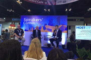 Host City has partnered with SportAccord for many years (L-R: Paul Bush OBE of VisitScotland; IOC Member Sir Craig Reedie GBE; and Host City director Ben Avison speaking at SportAccord in 2018.)